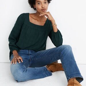 Madewell Plaid Square-Neck Peasant Top Green Size S